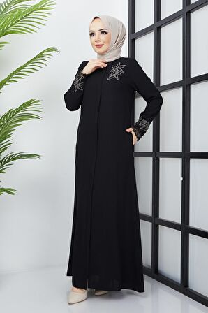 Büyük Beden Dantel Taş İşleme Detaylı Siyah Ferace